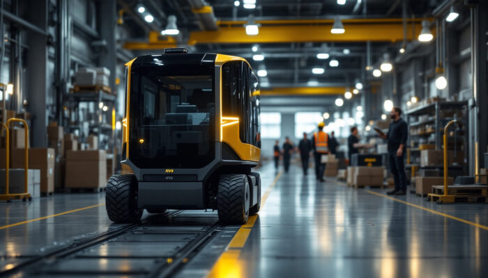 A photograph of a sleek agv tugger in action within an industrial setting