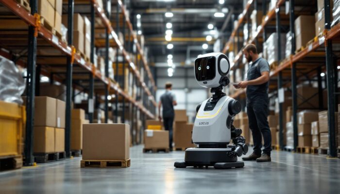 A photograph of a locus robotics robot in action within a warehouse environment