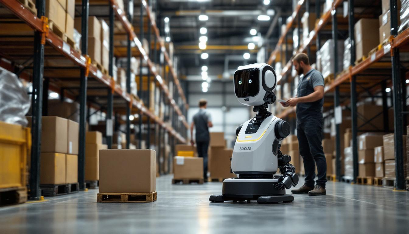 A photograph of a locus robotics robot in action within a warehouse environment