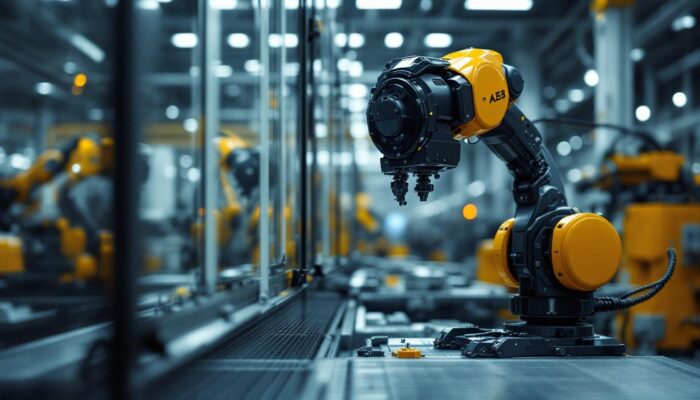 A photograph of a sleek abb industrial robot in action within a modern manufacturing facility