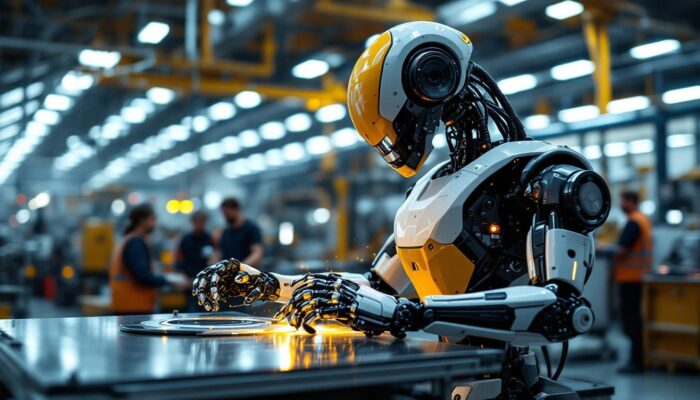 A photograph of a modern industrial robot in action