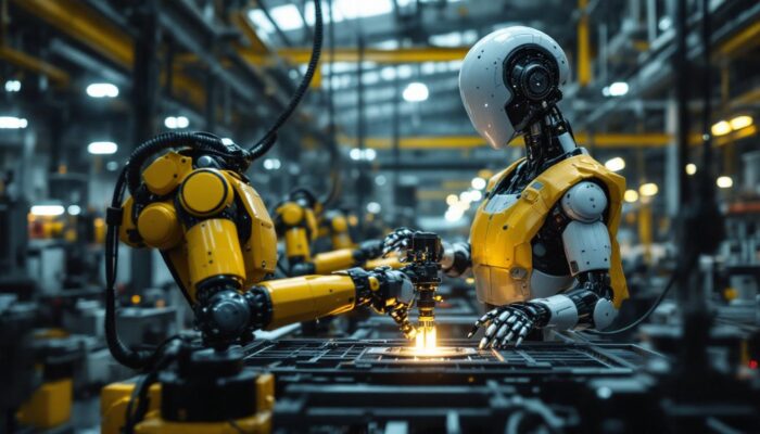 A photograph of a modern industrial robot in action within a factory setting