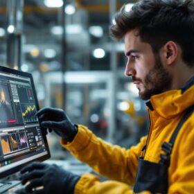 A photograph of a skilled intern programming or operating an industrial robot in a modern manufacturing environment