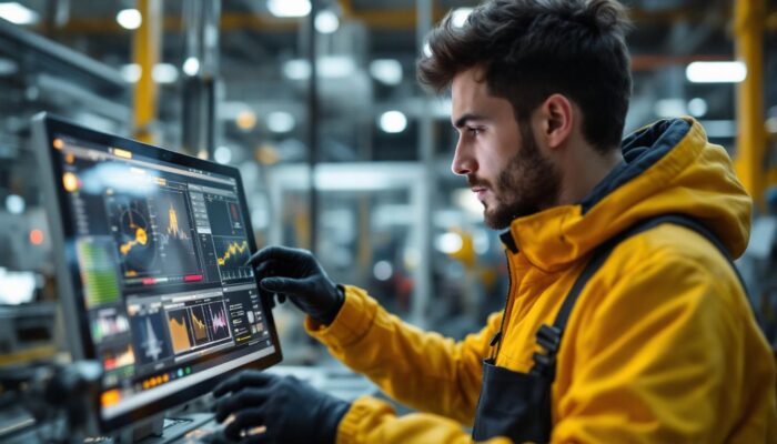 A photograph of a skilled intern programming or operating an industrial robot in a modern manufacturing environment