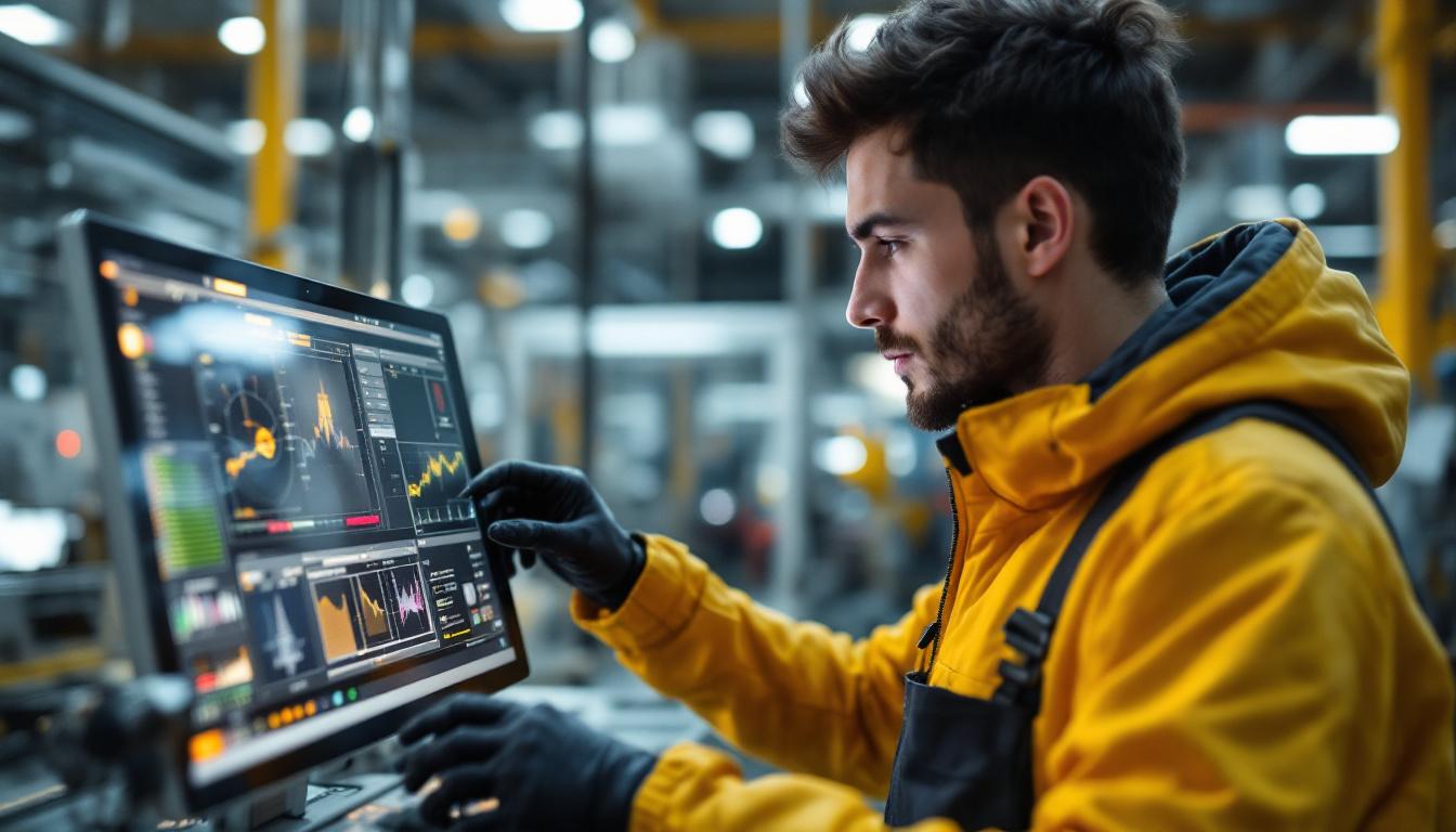 A photograph of a skilled intern programming or operating an industrial robot in a modern manufacturing environment