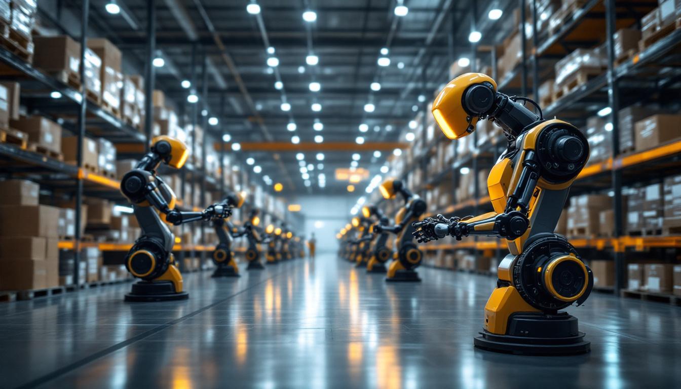 A photograph of a modern warehouse environment showcasing industrial robots in action
