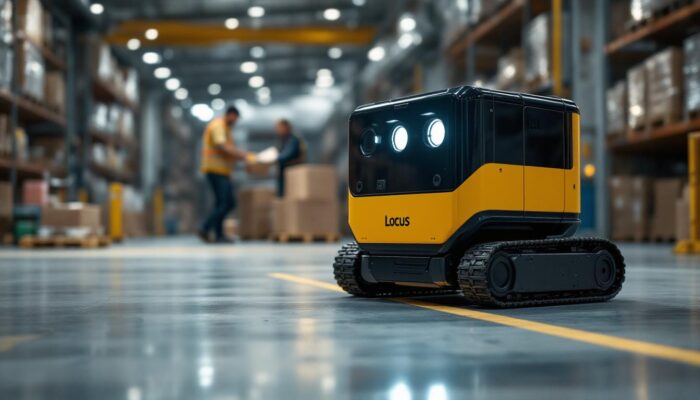 A photograph of a locus robotics automated mobile robot in action within a warehouse setting