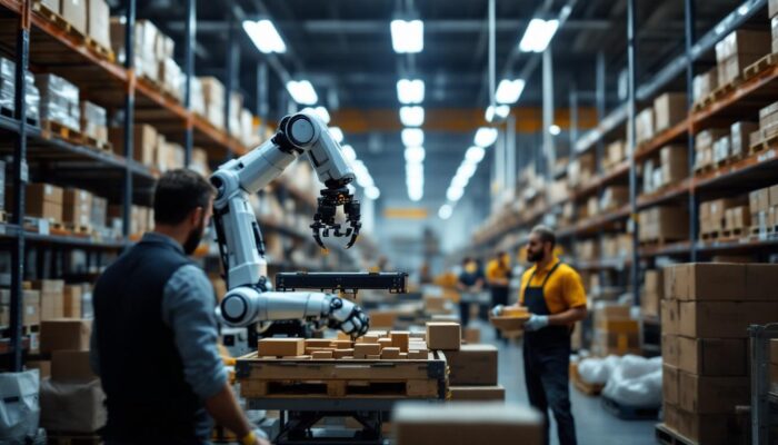 A photograph of a dynamic warehouse scene featuring an industrial robot in action
