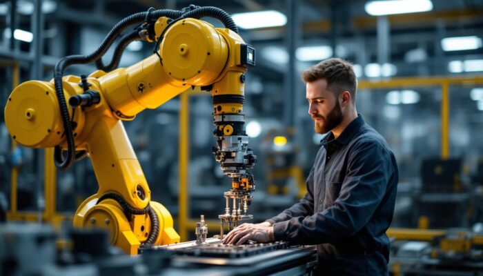 A photograph of a skilled technician working on an industrial robotic arm in a modern manufacturing setting