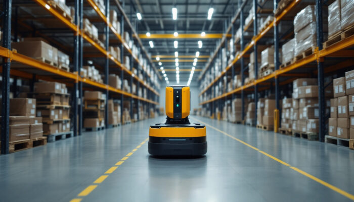 A photograph of capture a photograph of an agv robot navigating through a bustling warehouse environment