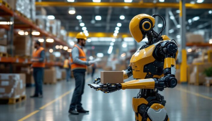 A photograph of a logistics robot in action within an industrial setting