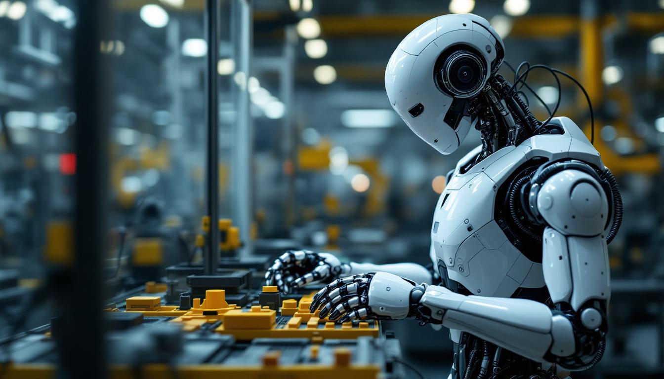 A photograph of a sleek industrial robot in action within a factory setting