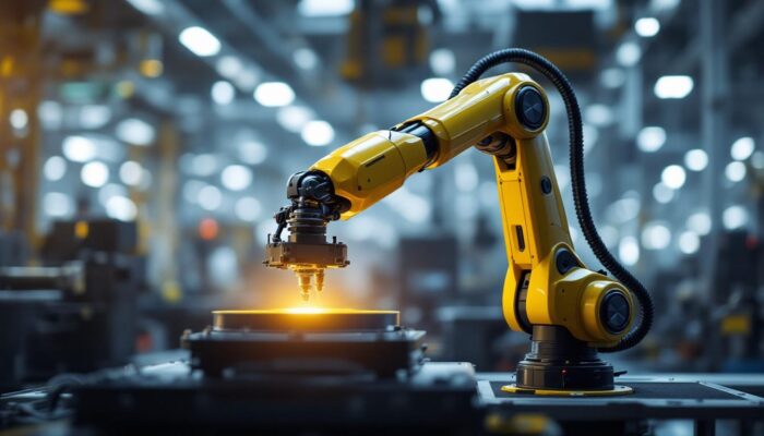 A photograph of a sleek industrial robotic arm in action