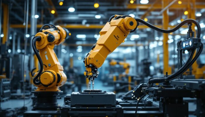 A photograph of a sleek industrial robotic arm in action within a modern manufacturing facility