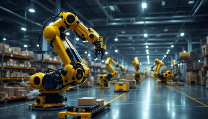 A photograph of a modern warehouse environment showcasing industrial robots in action