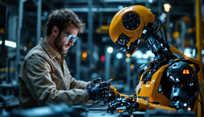 A photograph of a skilled robotics engineer working alongside an industrial robot in a modern manufacturing environment