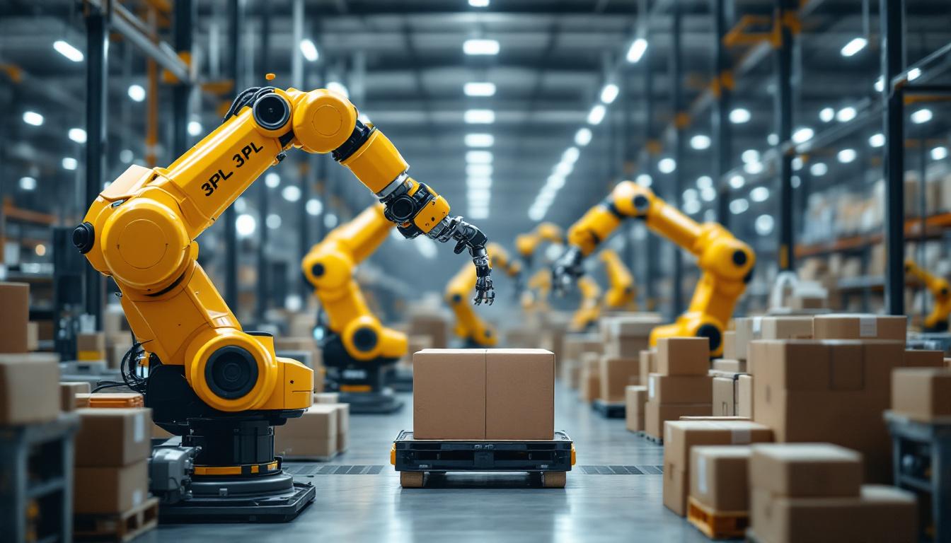 A photograph of a modern 3pl warehouse featuring industrial robots in action