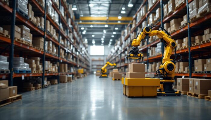 A photograph of a dynamic warehouse environment showcasing industrial robots in action