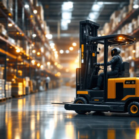 A photograph of a modern agv forklift in action within a bustling warehouse environment