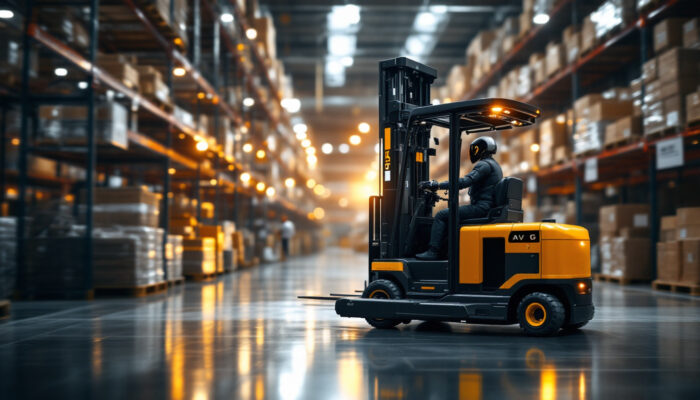 A photograph of a modern agv forklift in action within a bustling warehouse environment