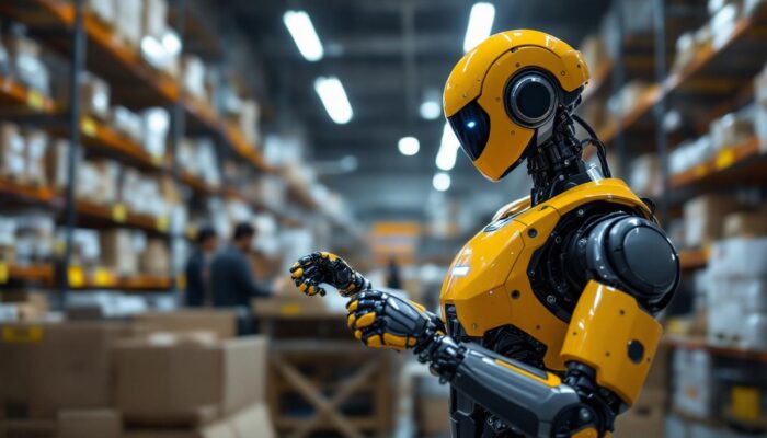 A photograph of a sleek industrial robot in action within a warehouse setting