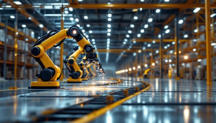 A photograph of a modern industrial warehouse setting featuring advanced robotic systems in action