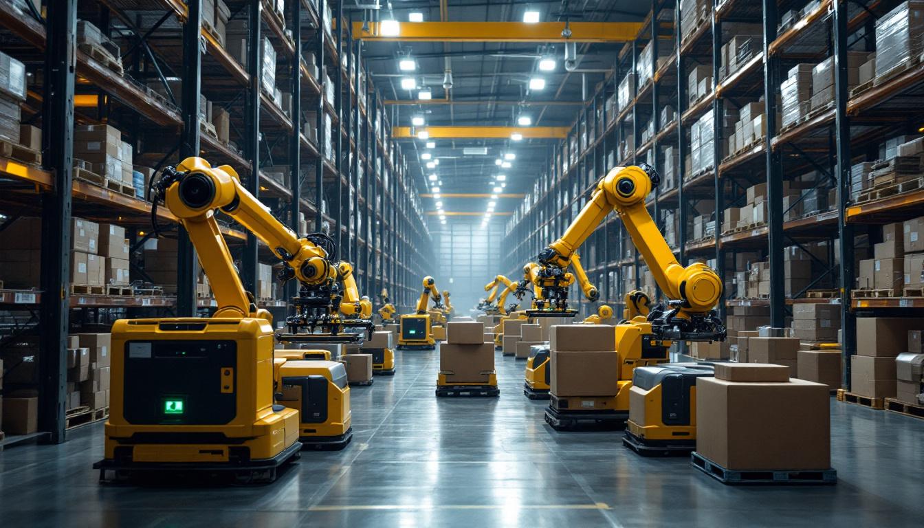 A photograph of a bustling warehouse environment showcasing various types of industrial robots in action