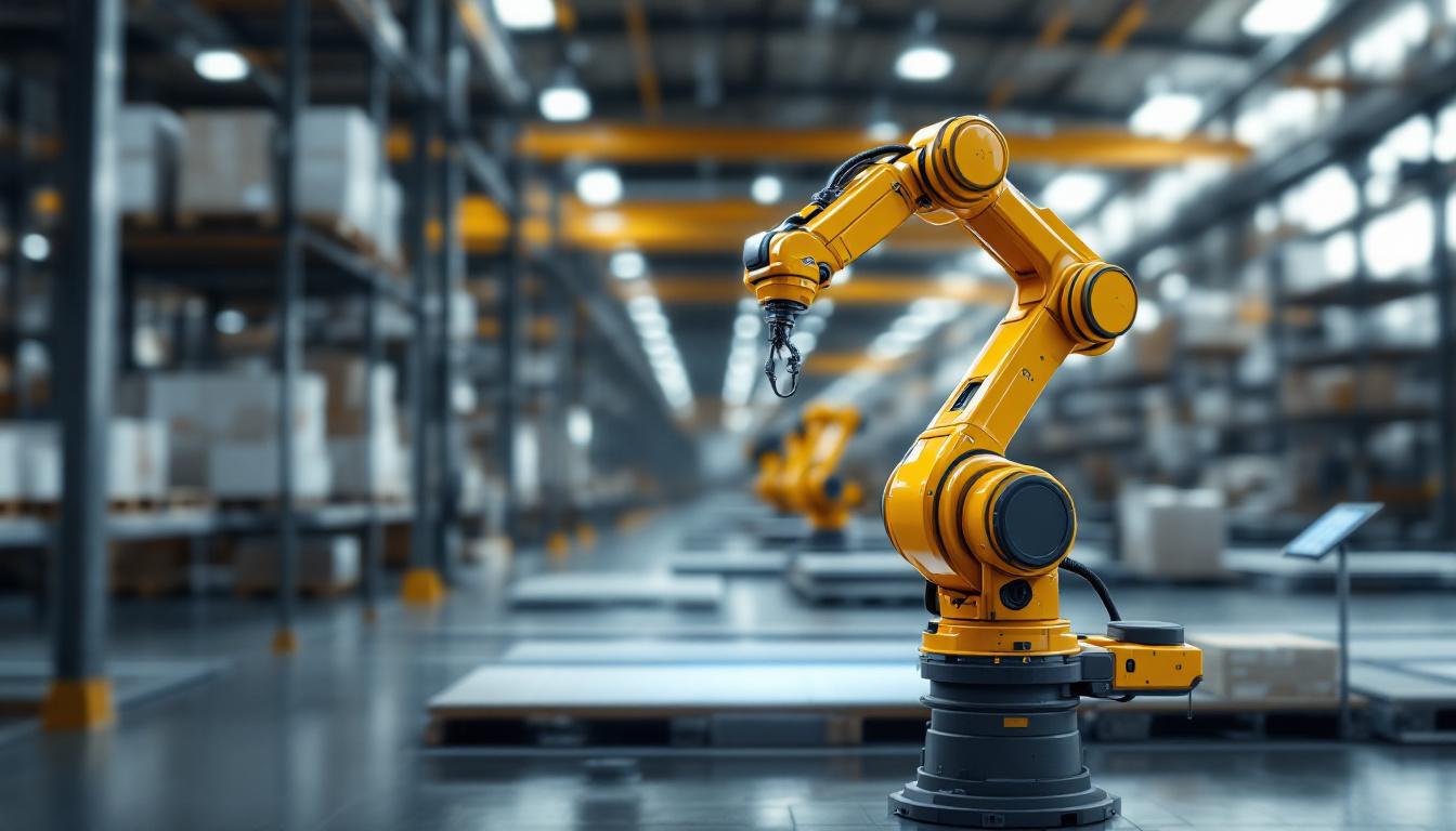 A photograph of a modern industrial warehouse interior featuring robotic automation in action