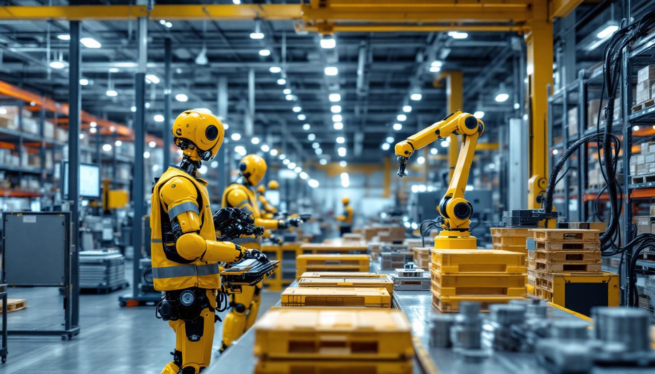 A photograph of a modern warehouse setting showcasing various industrial robots in action