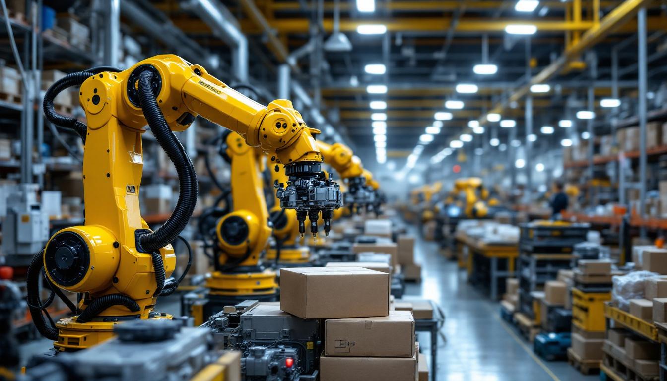 A photograph of a modern industrial robotics setup in an autoparts manufacturing facility