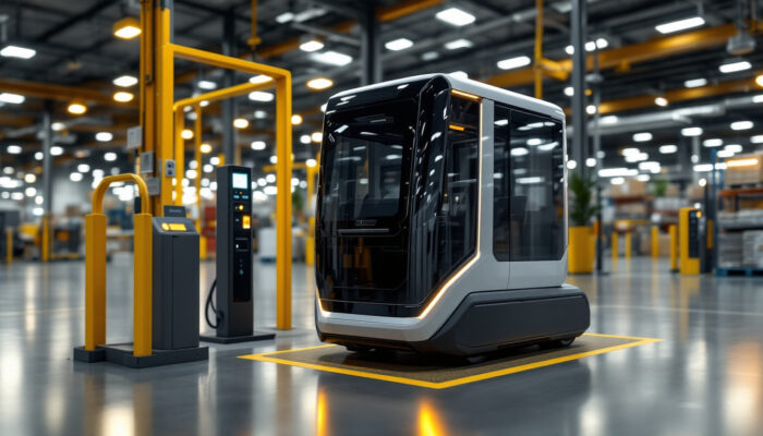 A photograph of a sleek and modern automated guided vehicle (agv) charging at a designated station in an industrial setting