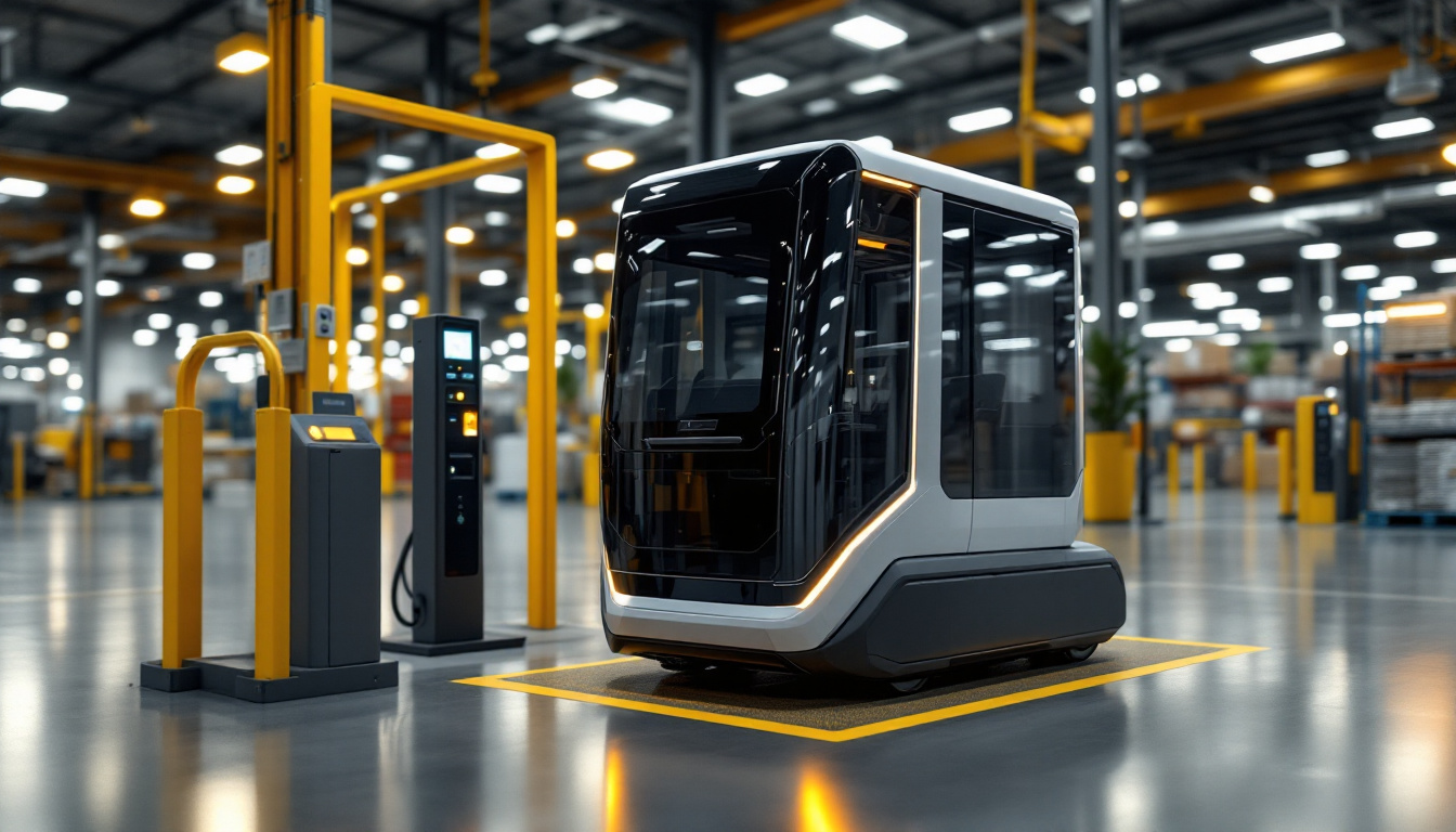 A photograph of a sleek and modern automated guided vehicle (agv) charging at a designated station in an industrial setting