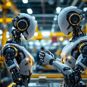 A photograph of a sleek industrial robot in action