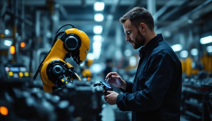 A photograph of a skilled technician interacting with an industrial robot in a modern manufacturing environment