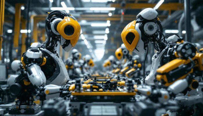 A photograph of a fleet of industrial robots in action within a manufacturing facility