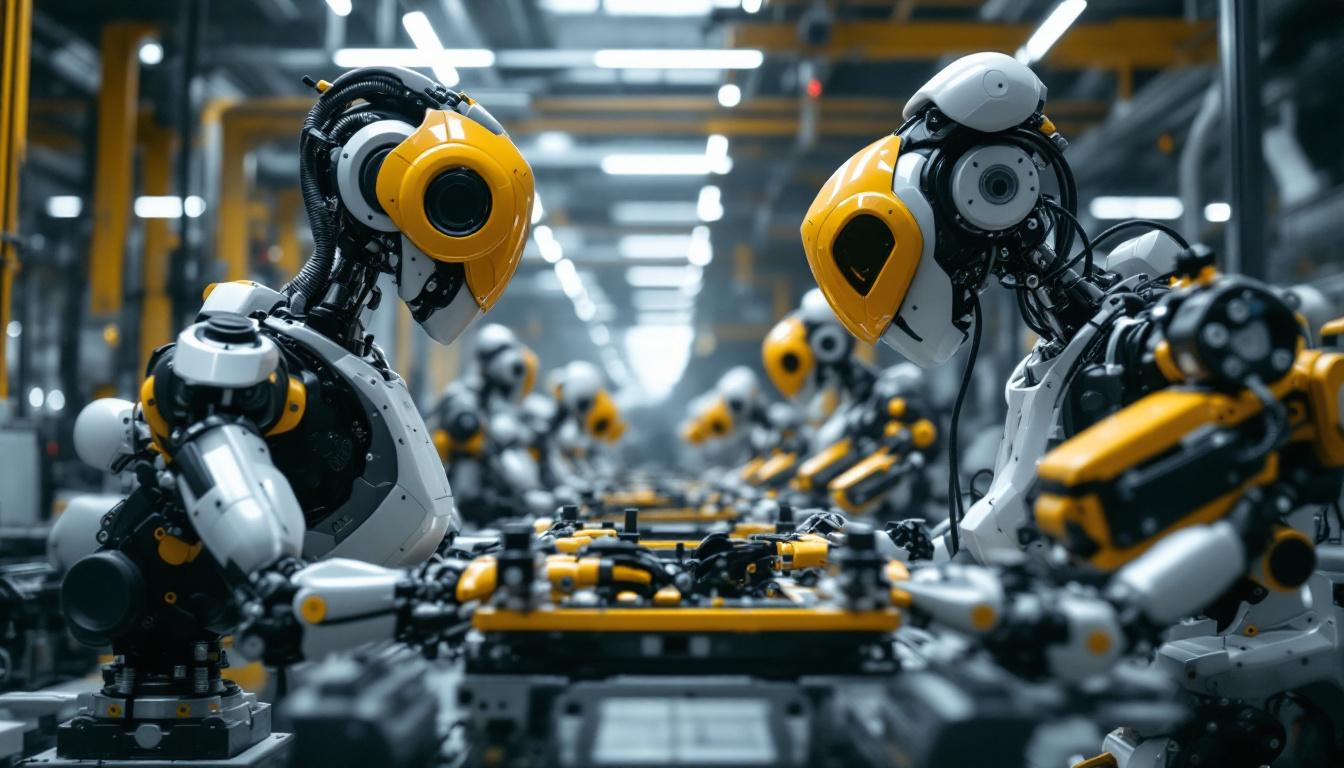 A photograph of a fleet of industrial robots in action within a manufacturing facility