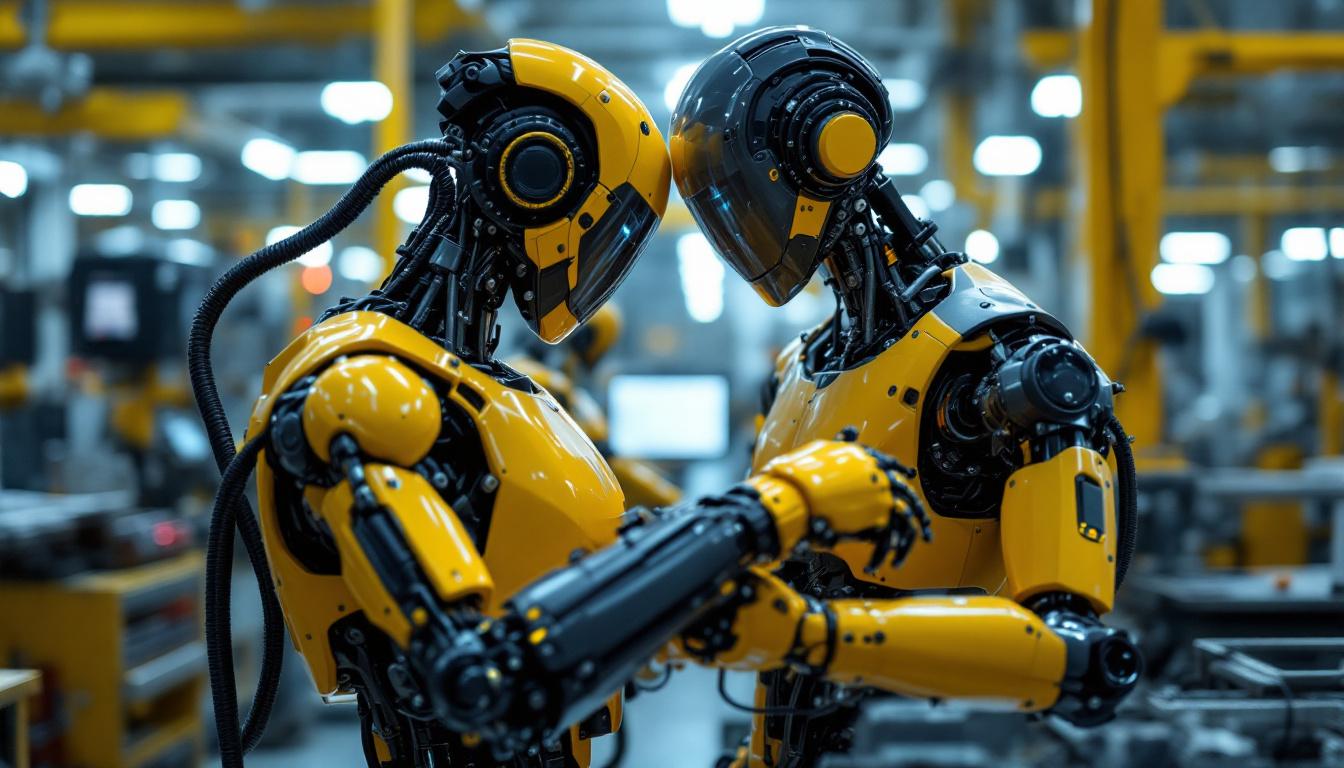 A photograph of a sleek industrial robot in action within a modern manufacturing environment