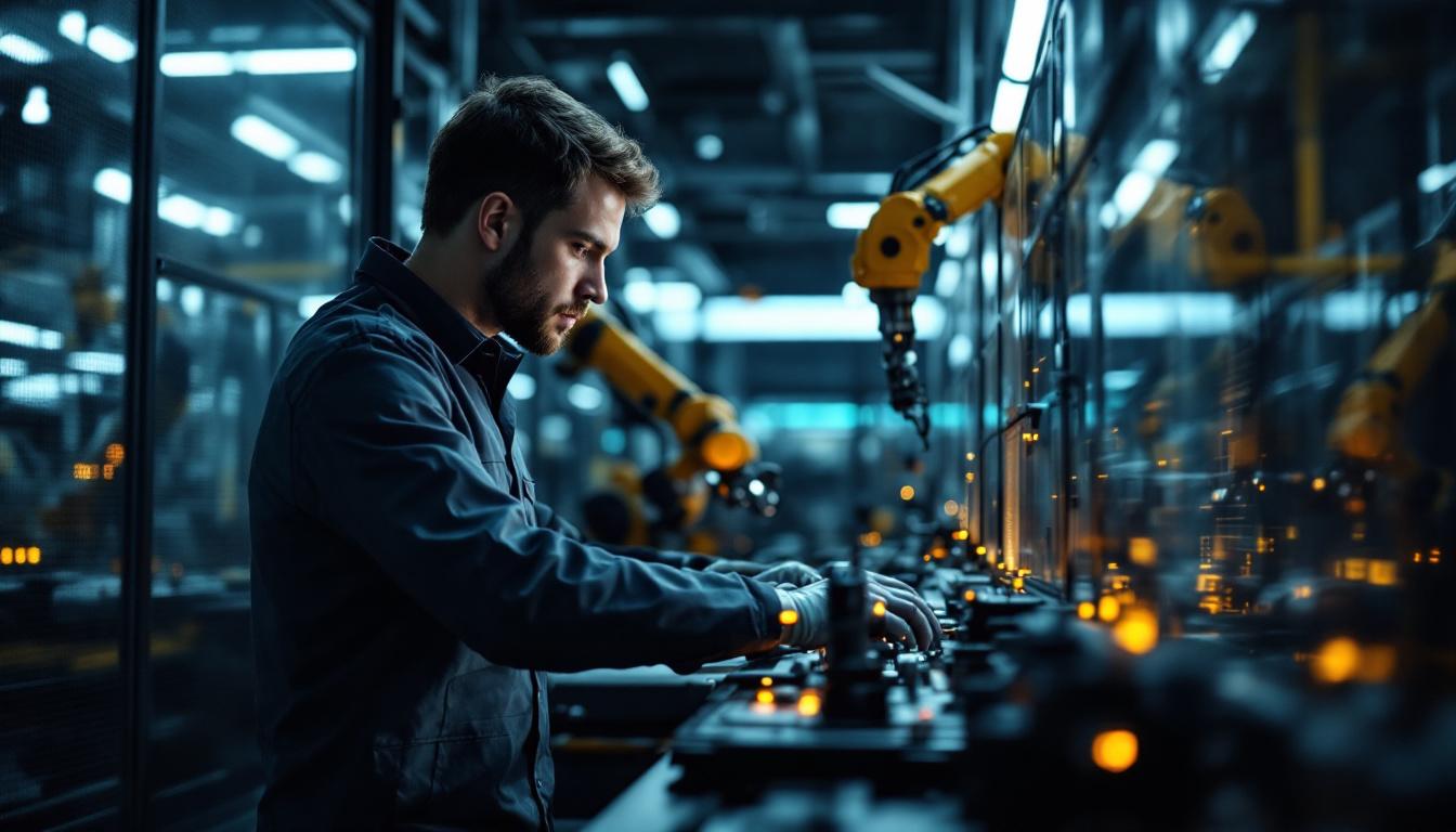 A photograph of a skilled technician programming or operating an industrial robot in a modern manufacturing setting