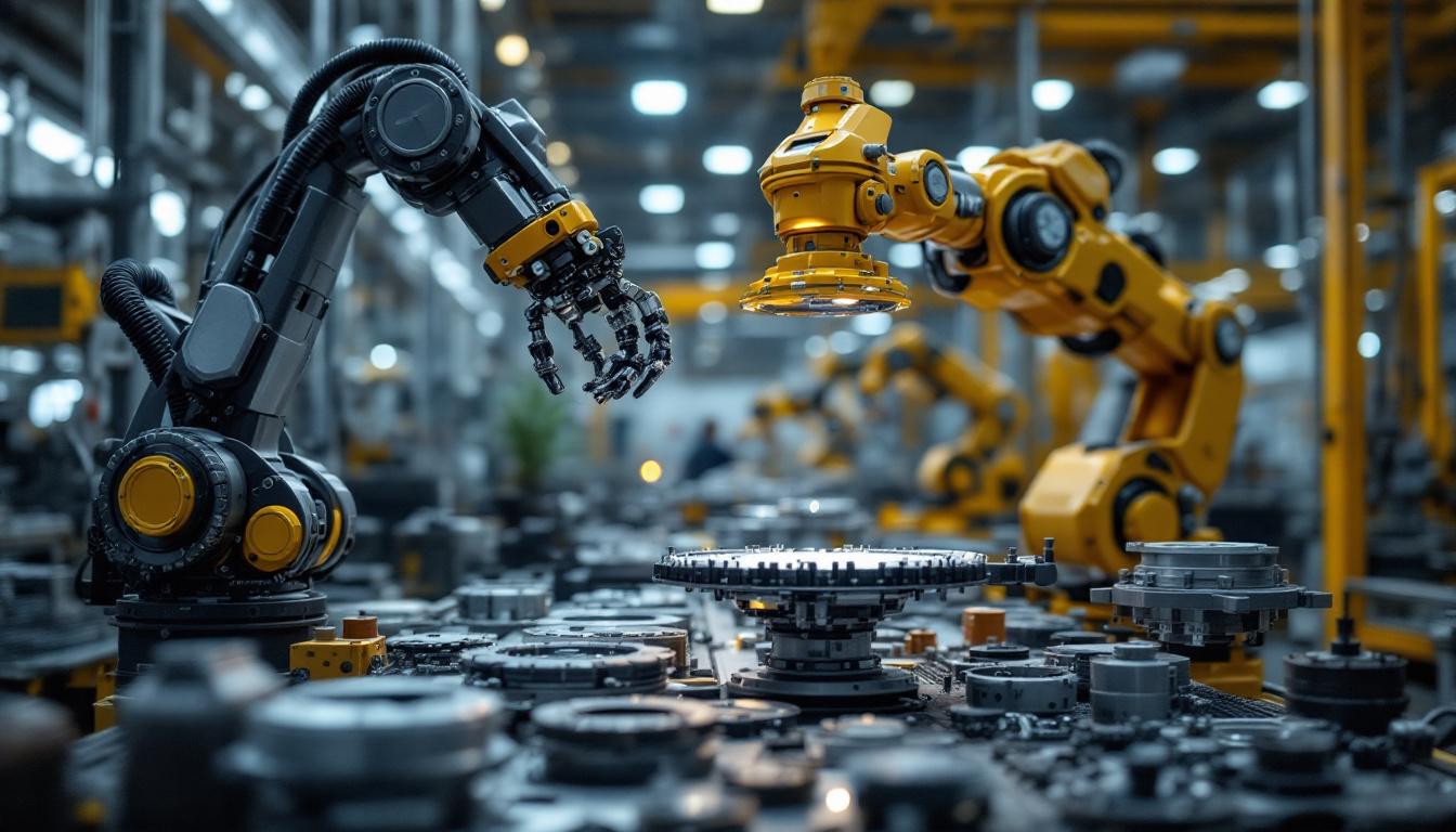 A photograph of a modern industrial robot in action on a factory floor