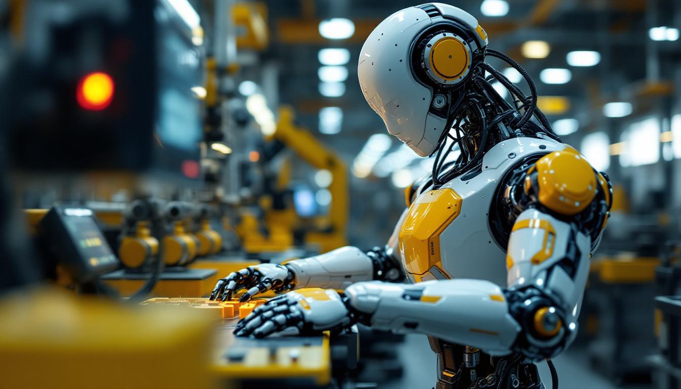 A photograph of a sleek industrial robot in action within a modern manufacturing environment