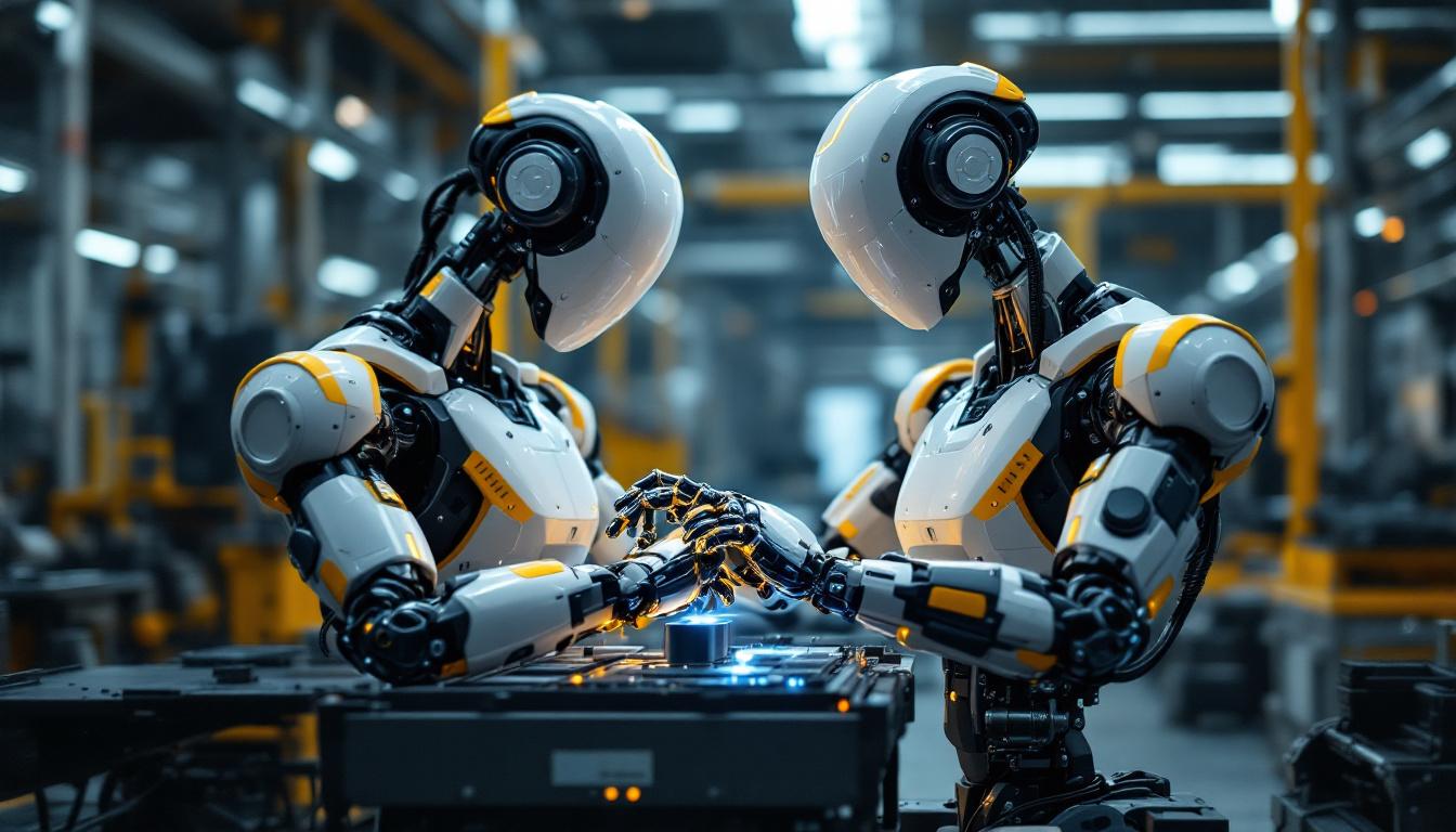 A photograph of a sleek industrial robot in action within a manufacturing setting