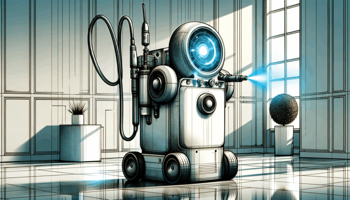 An advanced disinfection robot equipped with a uv light on one side and a spray nozzle on the other