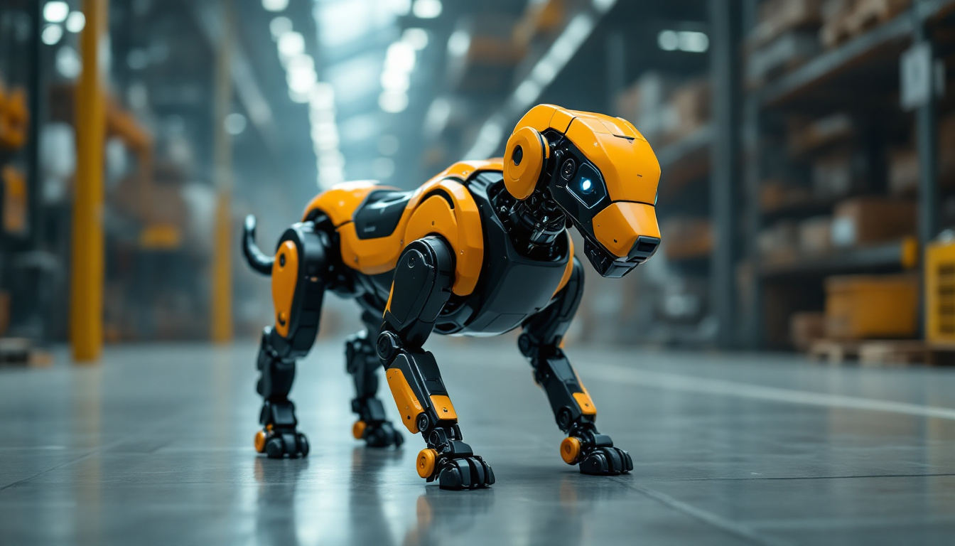 A photograph of a boston dynamics robot dog in an industrial setting