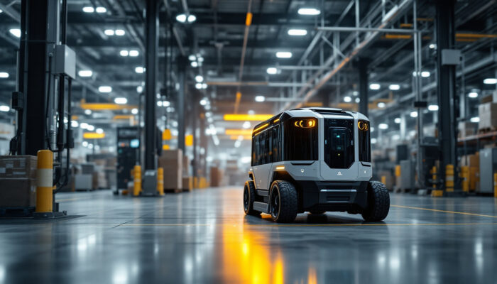 A photograph of a modern industrial setting featuring an autonomous guided vehicle (agv) equipped with laser navigation technology in action