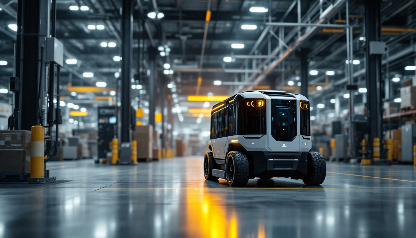 A photograph of a modern industrial setting featuring an autonomous guided vehicle (agv) equipped with laser navigation technology in action