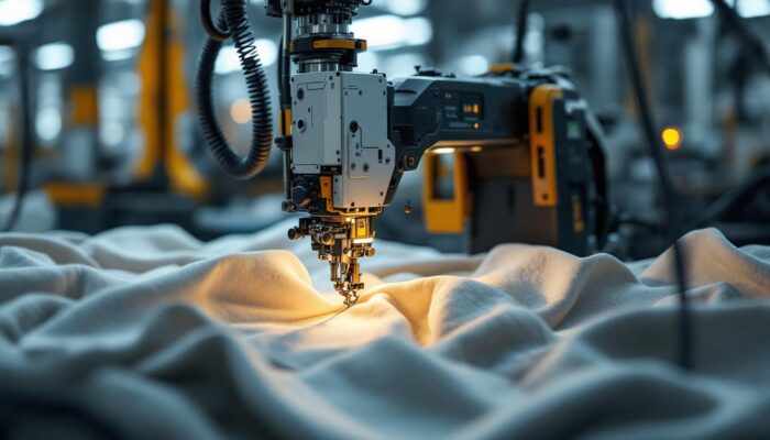 A photograph of capture a photograph of a high-tech auto stitcher machine in action