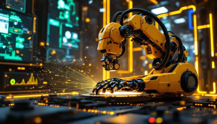 A photograph of a dynamic scene featuring an industrial robot in action within a gaming environment