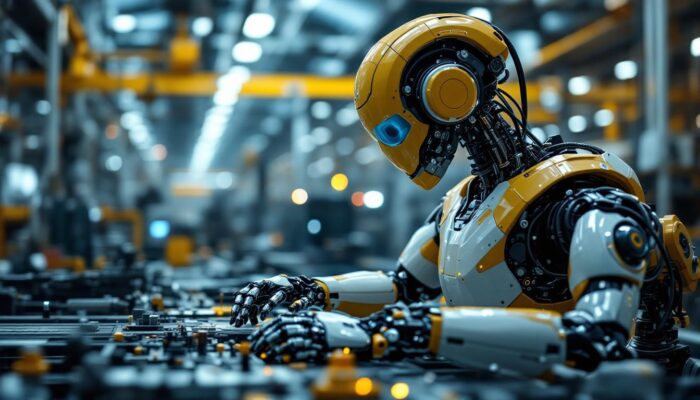 A photograph of a sleek industrial robot in action on a factory floor