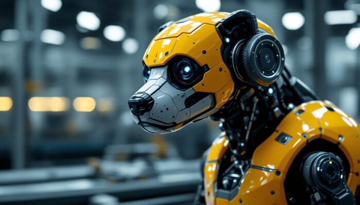 A photograph of a futuristic industrial robot dog in an automated workshop setting