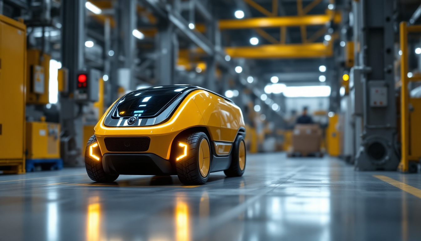 A photograph of a sleek industrial robotic vehicle navigating through a modern warehouse environment